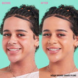 Before and after using Revolution Conceal & Define Soft Matte Tube Foundation in shade F9.5NC, showcasing a flawless finish.
