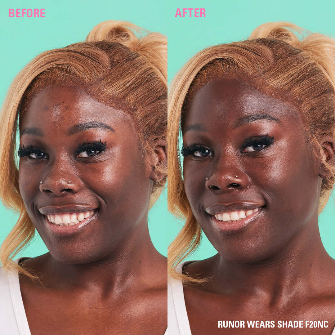 Before and after image showcasing makeup results, highlighting the transformation with RUNOR WEARS SHADE F20NC.