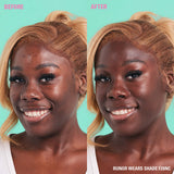Before and after image showcasing makeup results, highlighting the transformation with RUNOR WEARS SHADE F20NC.