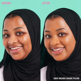 Before and after image of a model wearing Revolution Conceal & Define Soft Matte Tube Foundation in shade F10.9W.