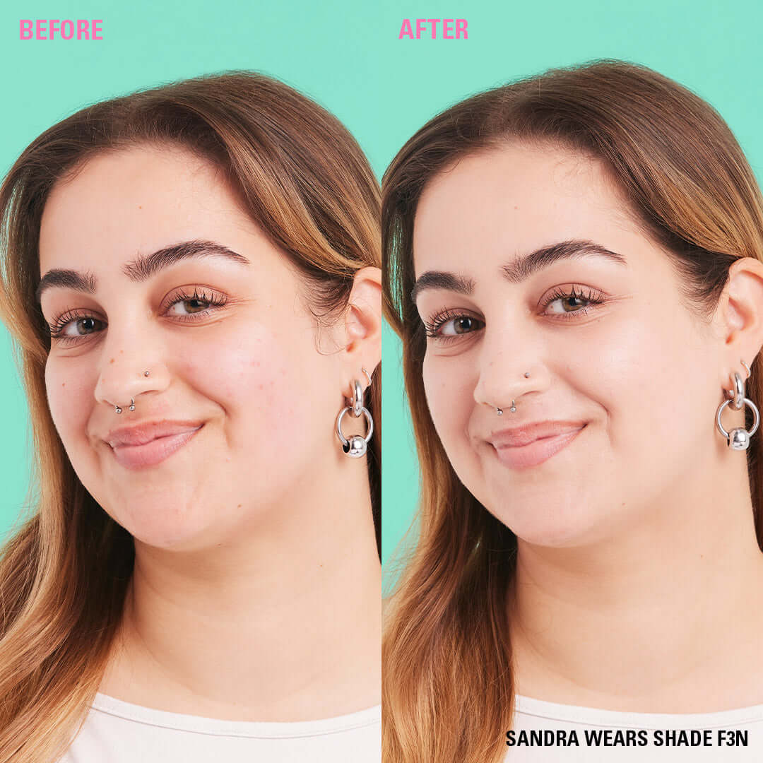 Before and after photo showing the impact of Revolution Conceal & Define Soft Matte Tube Foundation on skin. Sandra wears shade F3N.