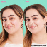 Before and after photo showing the impact of Revolution Conceal & Define Soft Matte Tube Foundation on skin. Sandra wears shade F3N.