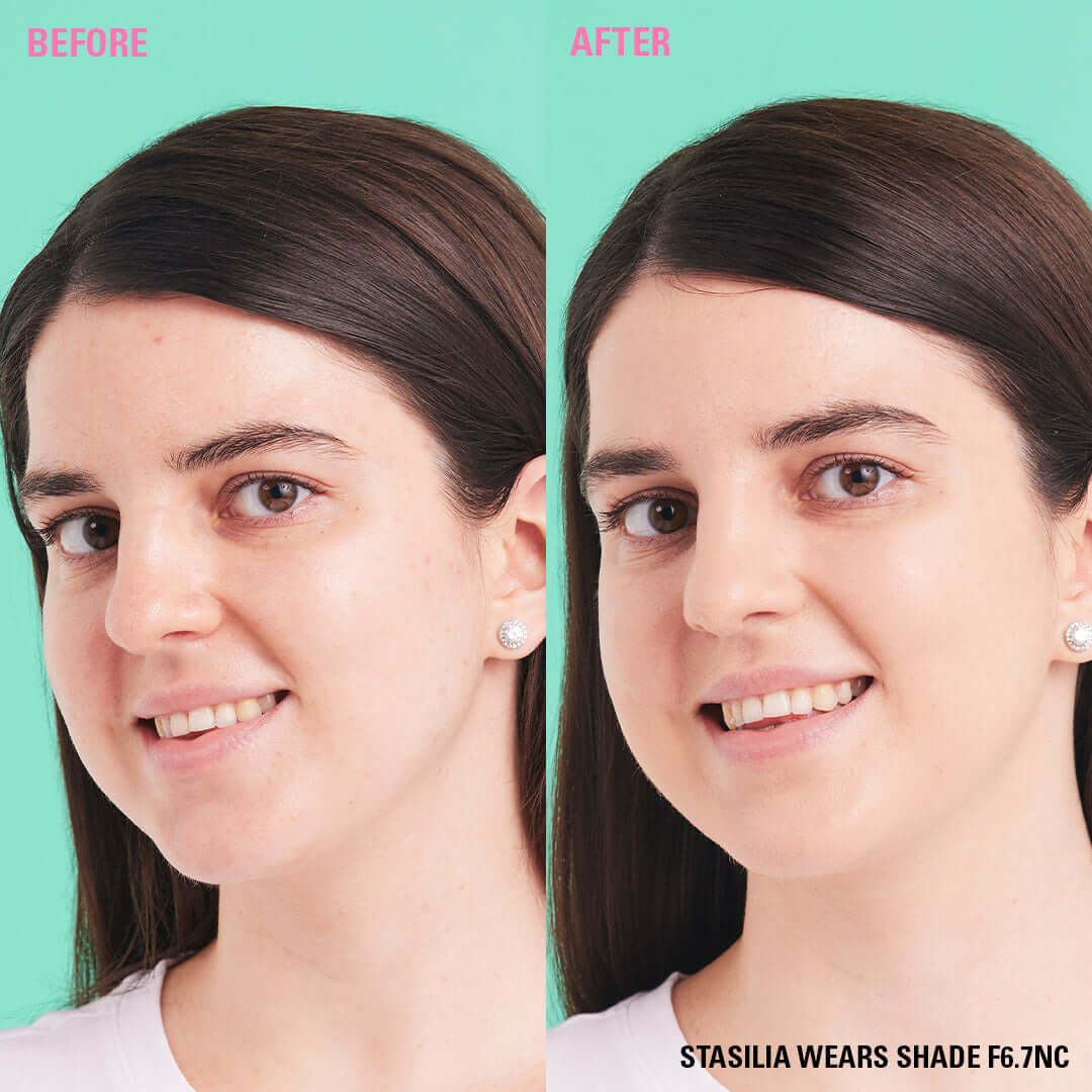 Before and after image showcasing the Revolution Conceal & Define Soft Matte Tube Foundation in action.
