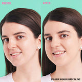 Before and after image showcasing the Revolution Conceal & Define Soft Matte Tube Foundation in action.
