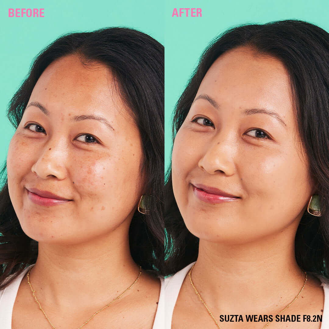 Before and after using Revolution Conceal & Define Soft Matte Tube Foundation in shade F8.2N showing flawless skin.
