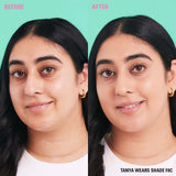 Before and after image showcasing Revolution Conceal & Define Soft Matte Tube Foundation on Tanya wearing shade F8C.