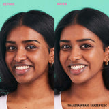 Before and after using Revolution Conceal & Define Soft Matte Tube Foundation in shade F12.5C for flawless skin.