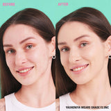 Before and after image demonstrating the Revolution Conceal & Define Soft Matte Tube Foundation on model wearing shade F2.5NC.
