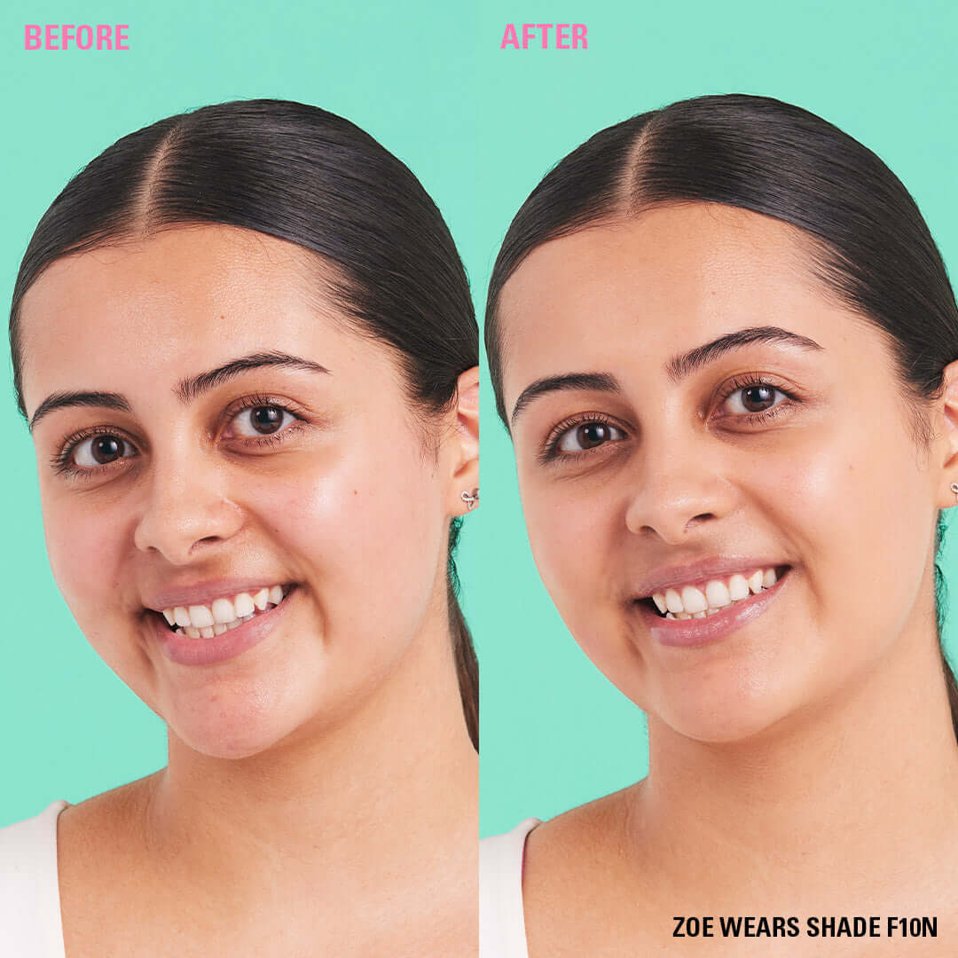 Before and after transformation using Revolution Conceal & Define Soft Matte Tube Foundation in shade F10N.