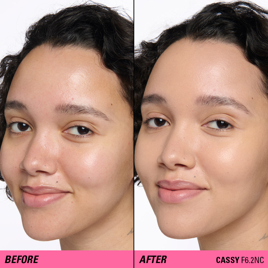Before and after using Revolution Superfix Blur Longwear Foundation on skin for a smooth, even finish.