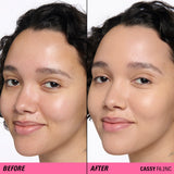 Before and after using Revolution Superfix Blur Longwear Foundation on skin for a smooth, even finish.
