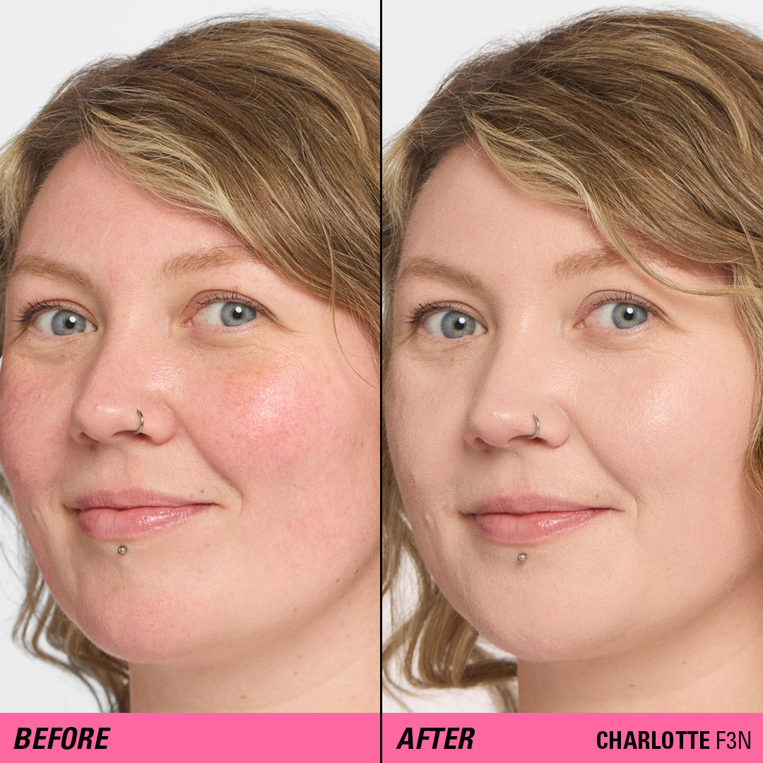 Before and after using Revolution Superfix Blur Longwear Foundation showing smooth, flawless skin.