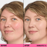 Before and after using Revolution Superfix Blur Longwear Foundation showing smooth, flawless skin.