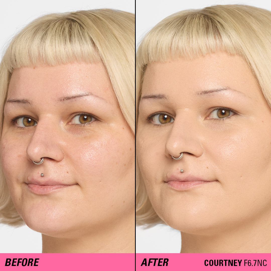 Before and after image showcasing Revolution Superfix Blur Longwear Foundation's skin-perfecting matte finish.
