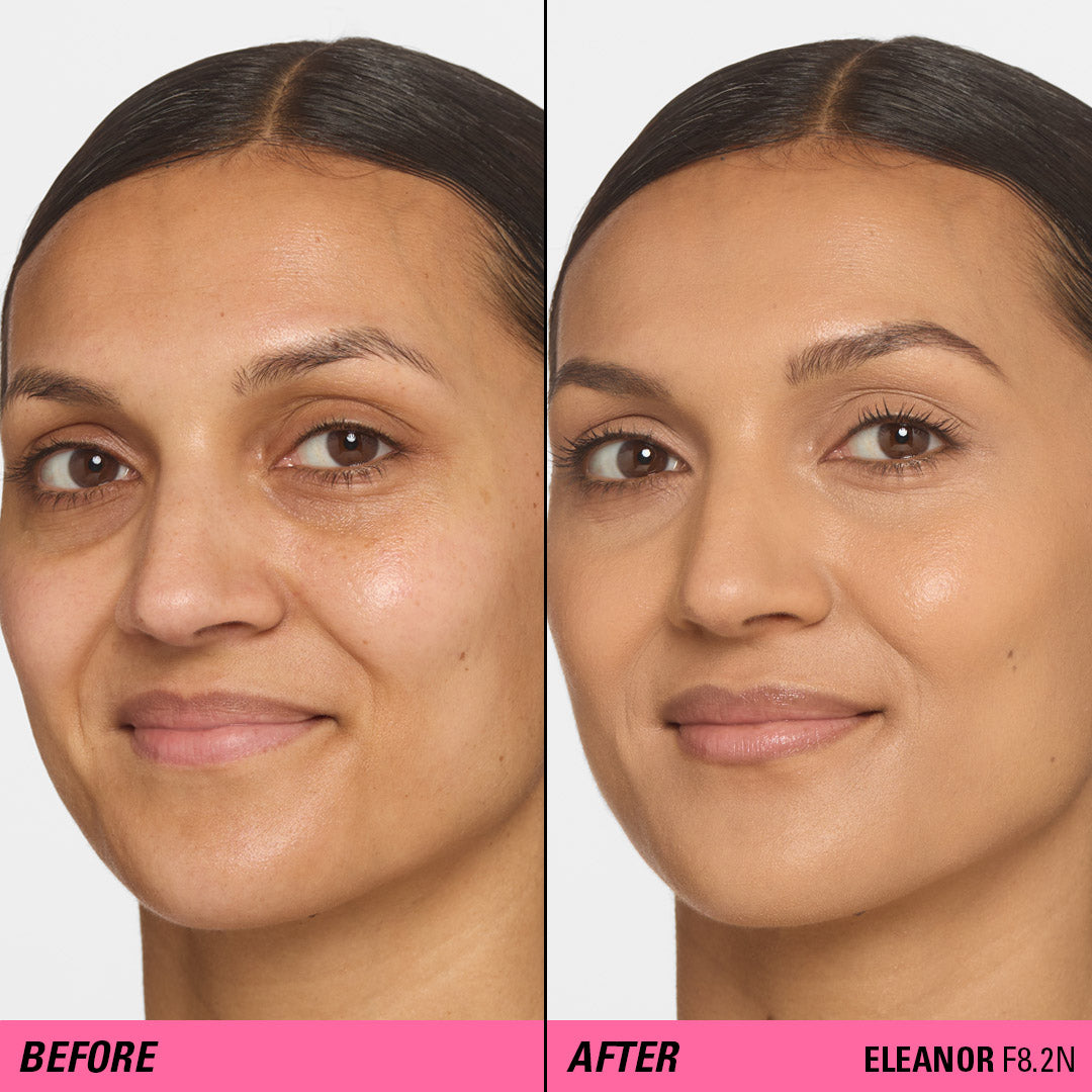 Before and after using Revolution Superfix Blur Longwear Foundation showcasing smooth, flawless skin.
