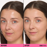 Before and after applying Revolution Superfix Blur Longwear Foundation on skin for a smooth, flawless finish.
