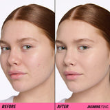 Before and after comparison showcasing Revolution Superfix Blur Longwear Foundation in Jasmine F2NC for flawless skin.
