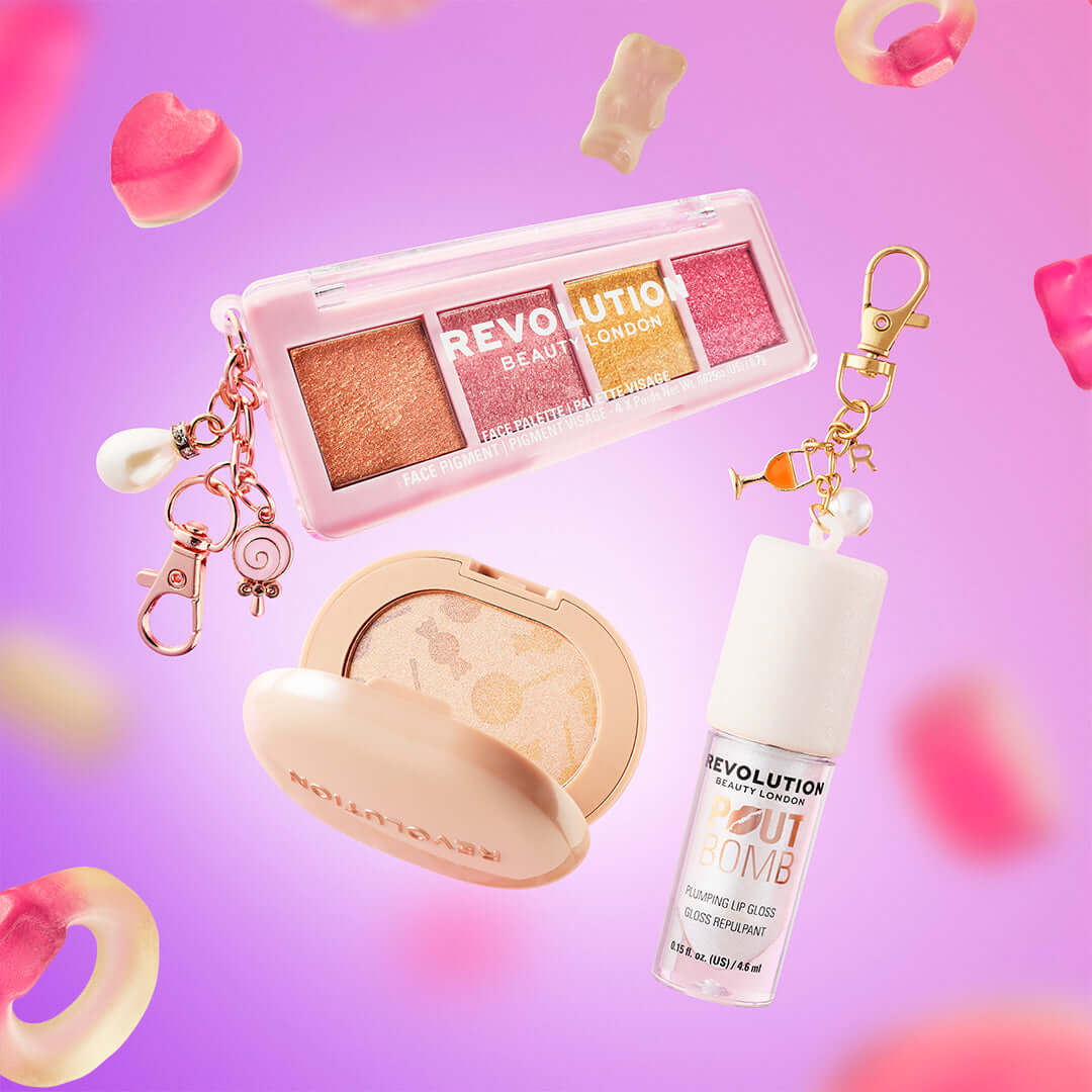 Revolution Powder Pops Glow & Pop Socket Ivory Shimmer with K-beauty inspired makeup collection and candy-themed accessories.