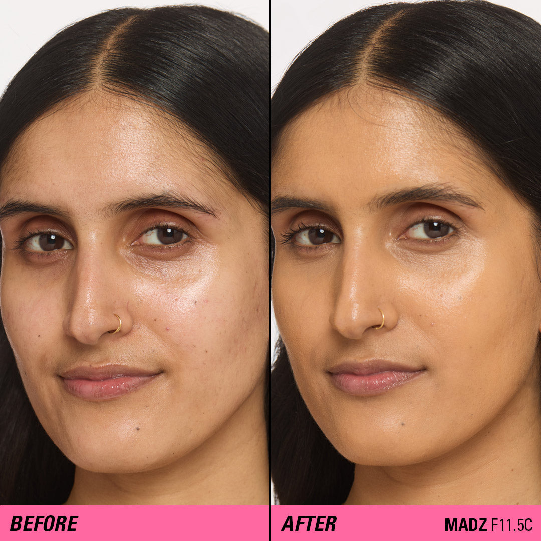 Before and after using Revolution Superfix Blur Longwear Foundation for a flawless complexion.