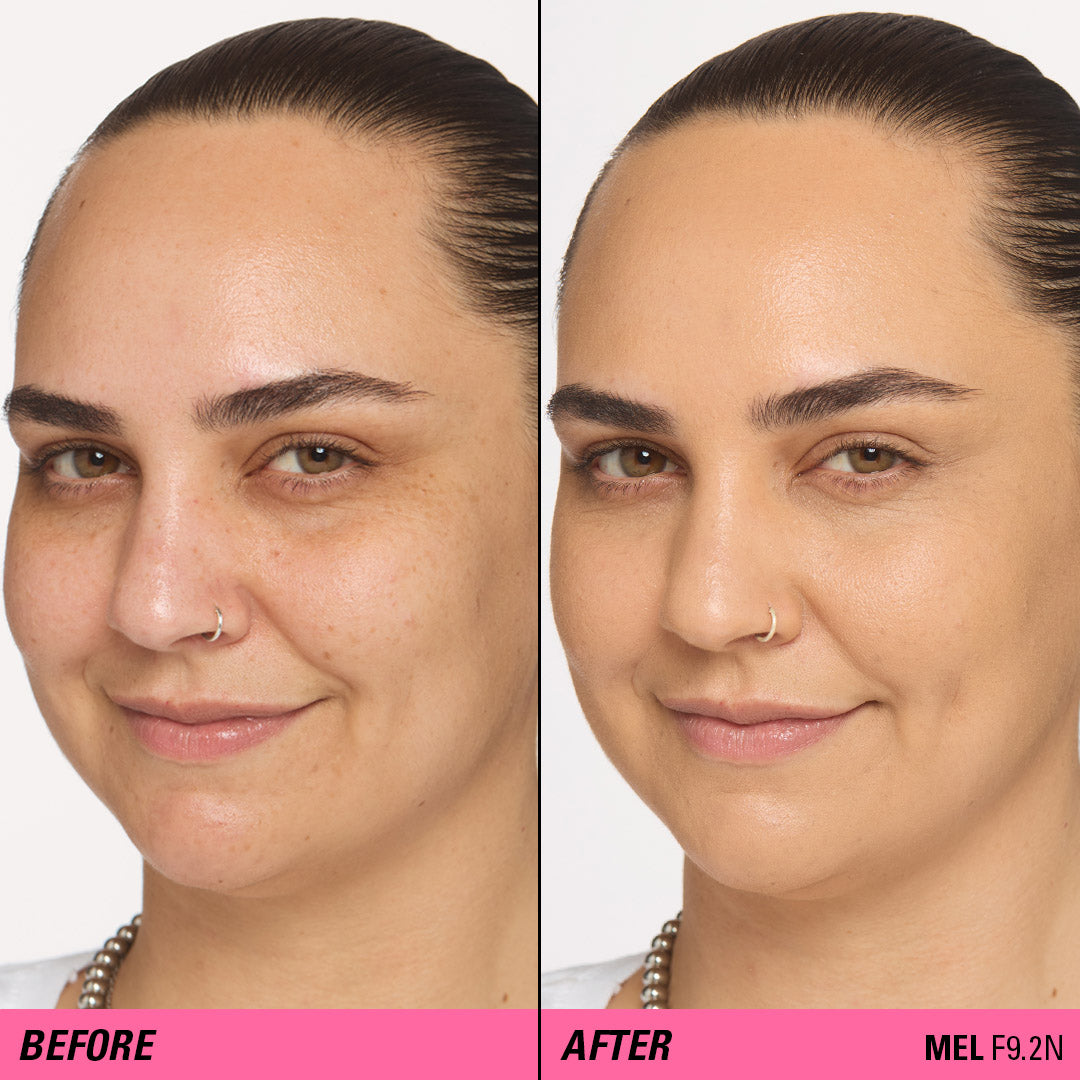 Before and after image showing skin transformation using Revolution Superfix Blur Longwear Foundation, shade MEL F9.2N.