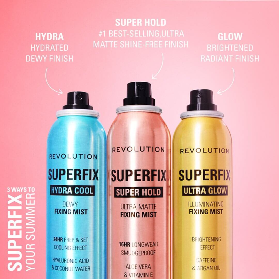 Three bottles of Revolution Superfix fixing mists on a pink background with product descriptions.