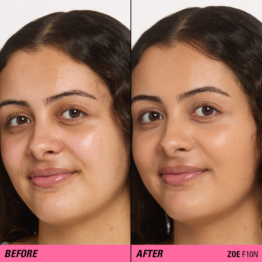 Before and after comparison using Revolution Superfix Blur Longwear Foundation on model Zoe F10N.
