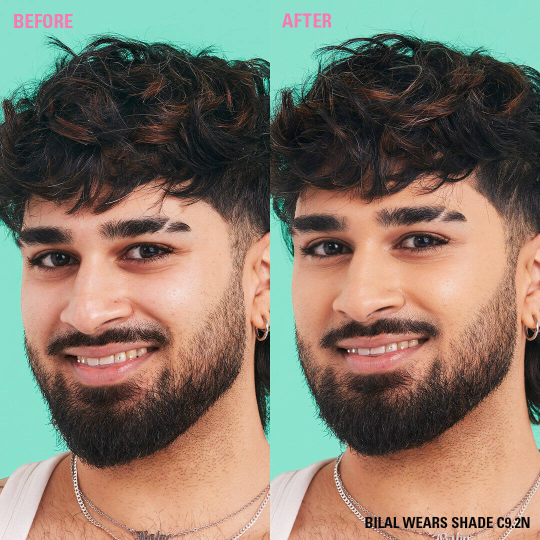 Before and after image showing full coverage effect with Revolution Conceal and Define Full Coverage Concealer.