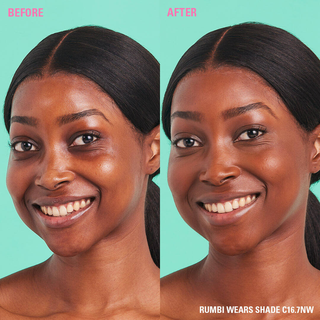 Before and after image demonstrating Revolution Conceal and Define Full Coverage Concealer on model Rumbi wearing shade C16.7NW.