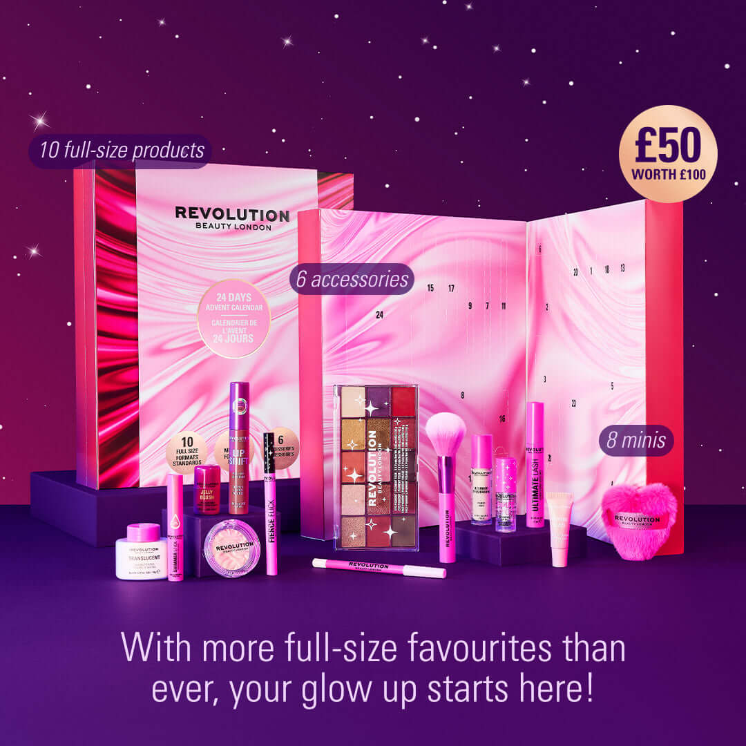 Revolution Beauty Makeup Advent Calendar 2026, featuring 10 full-size products, 8 minis, and 6 accessories for festive looks.