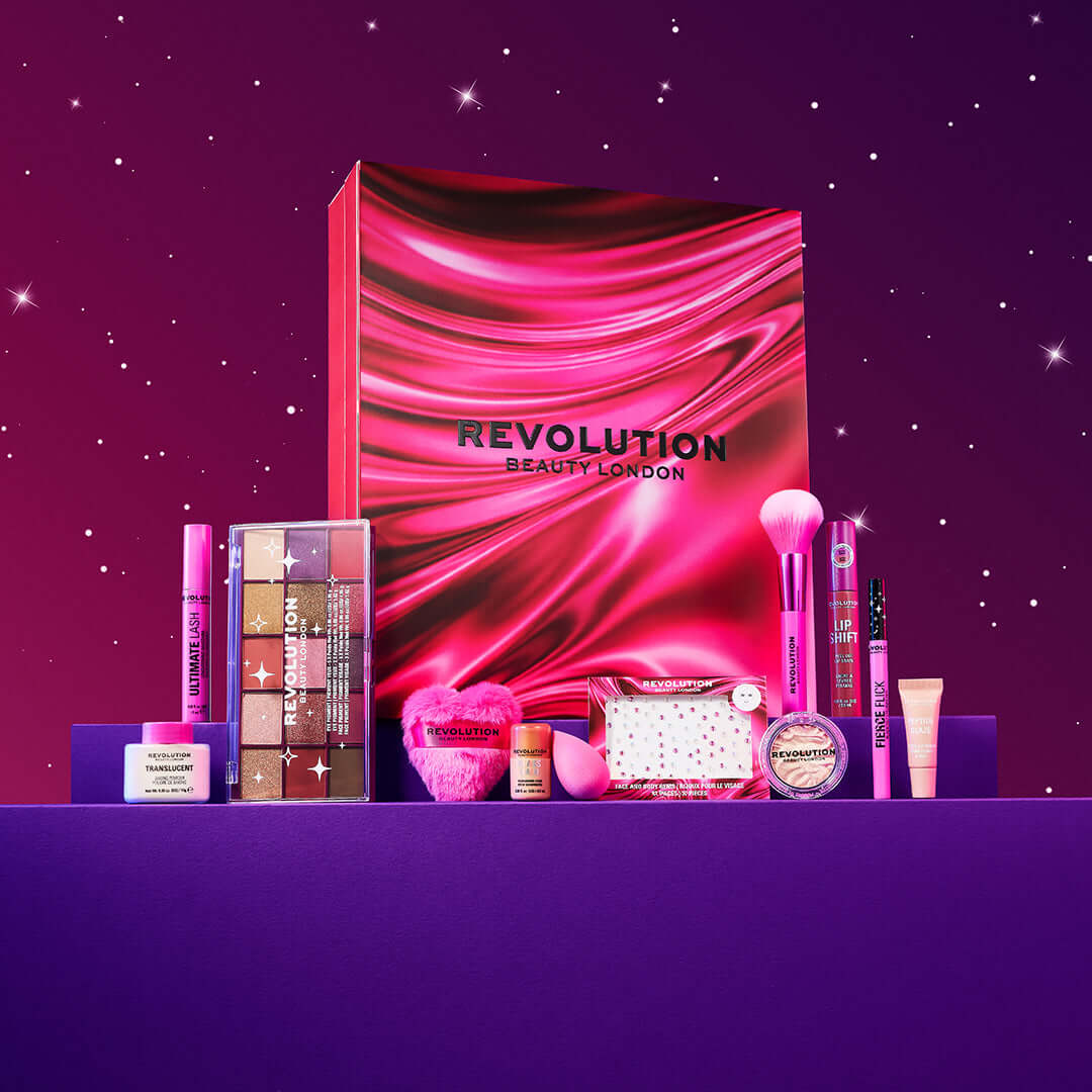 Revolution Beauty Makeup Advent Calendar 2026 with vibrant beauty products and accessories on display.