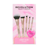 Revolution Candy Glam 6-Piece Brush Set featuring ultra-soft brushes and a fluffy powder puff for flawless makeup application.