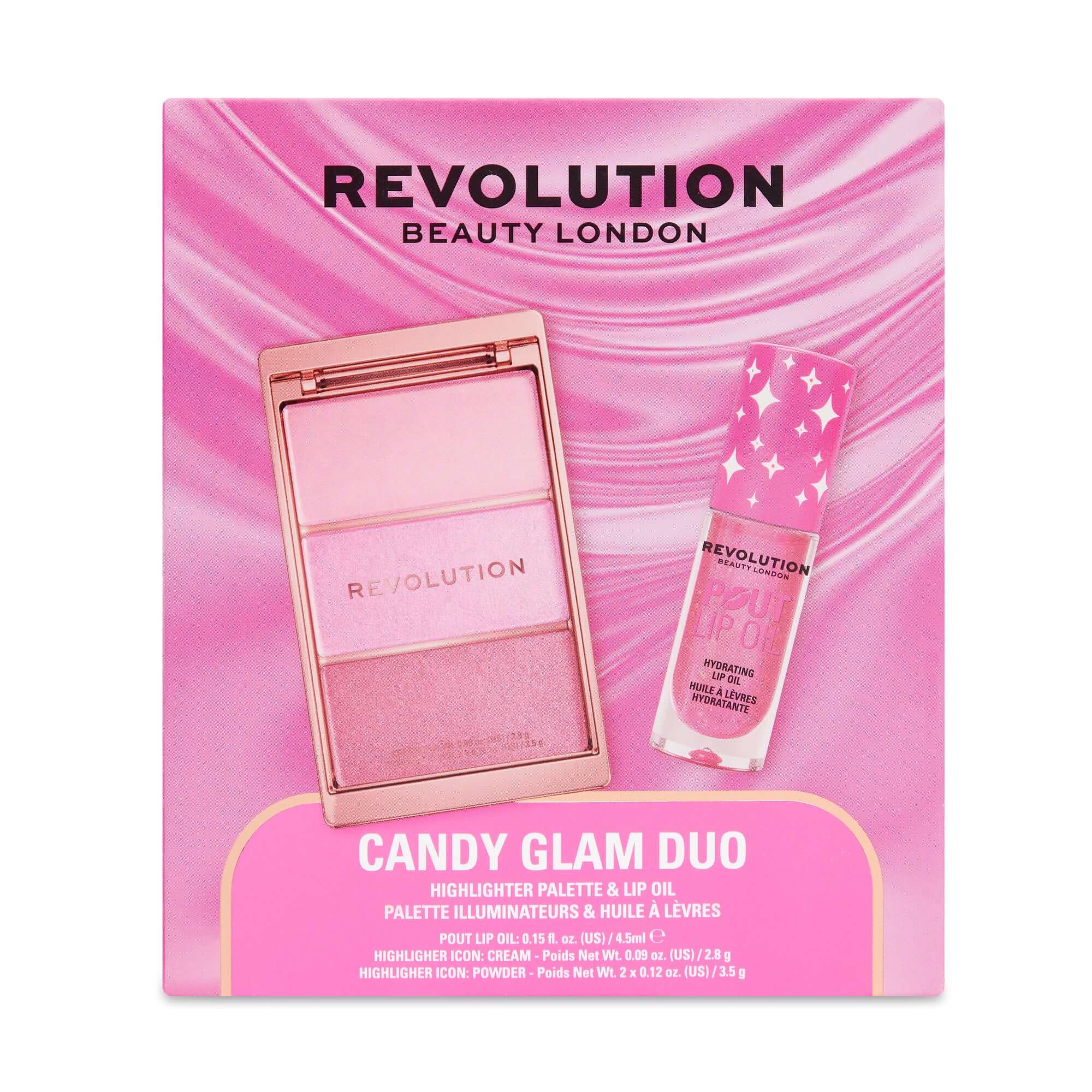 Revolution Candy Glam Lip Oil & Highlight Duo with a pink lip oil and highlighter palette, perfect for a shimmering glow.