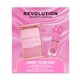 Revolution Candy Glam Lip Oil & Highlight Duo with a pink lip oil and highlighter palette, perfect for a shimmering glow.
