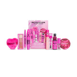 Revolution Candy Glam Look Makeup Gift Set featuring vibrant pink cosmetic products and accessories for a stylish holiday look.