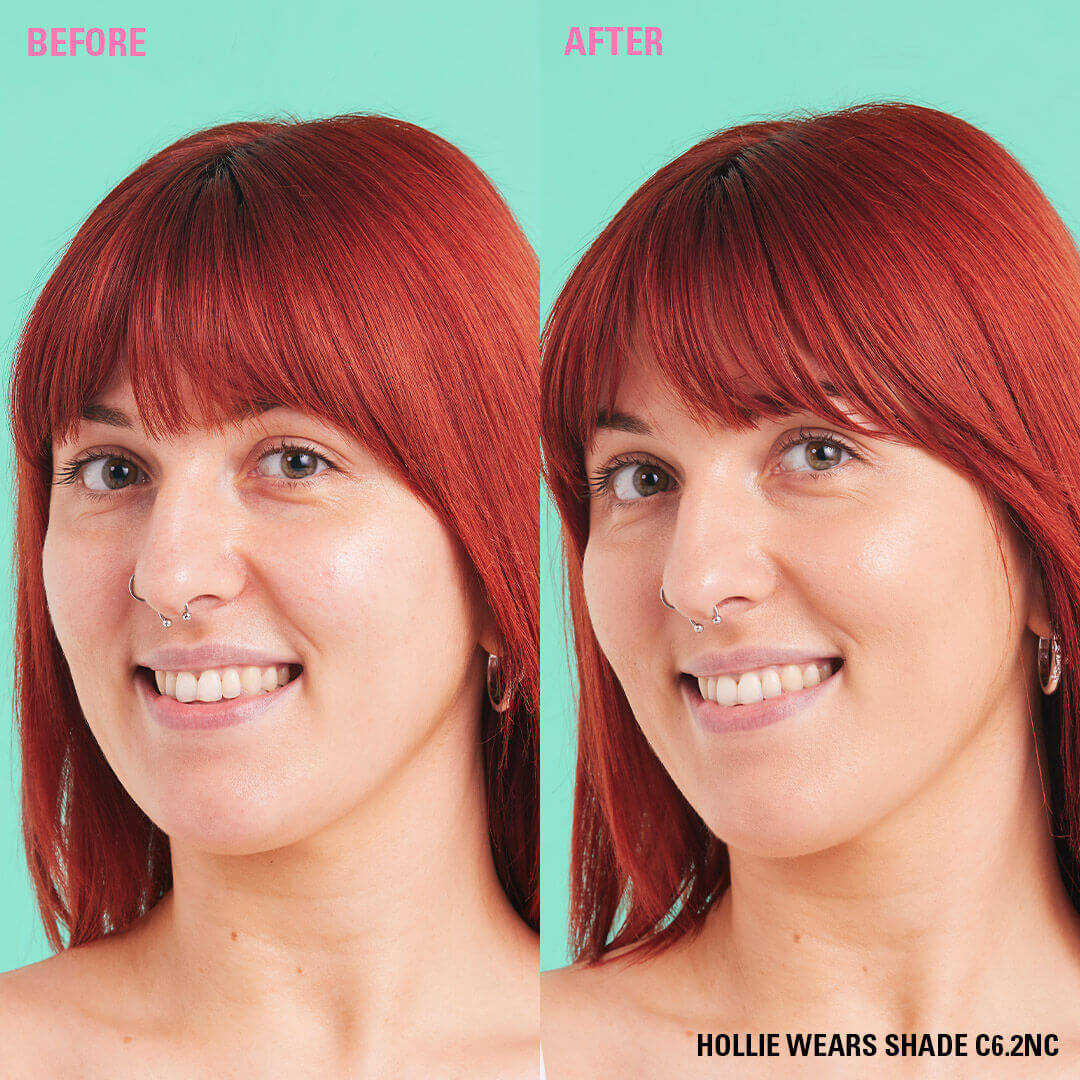 Before and after using Revolution Conceal and Define Full Coverage Concealer on model wearing shade C6.2NC.