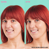 Before and after using Revolution Conceal and Define Full Coverage Concealer on model wearing shade C6.2NC.