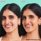 Before and after using Revolution Conceal and Define Full Coverage Concealer on model Madhu in shade C11.5c.