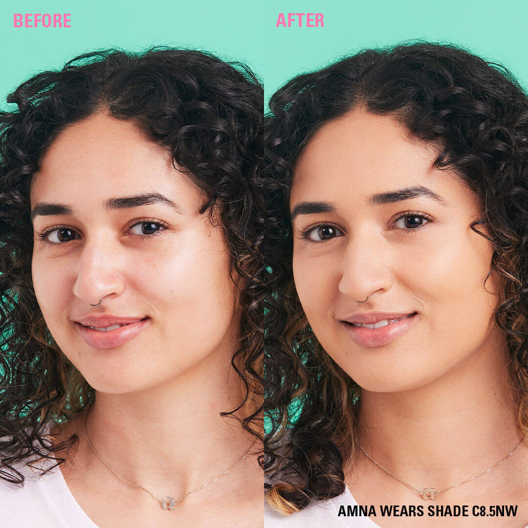 Before and after comparison showcasing Revolution Conceal and Define Full Coverage Concealer on model Amna.