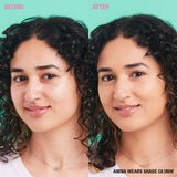 Before and after comparison showcasing Revolution Conceal and Define Full Coverage Concealer on model Amna.