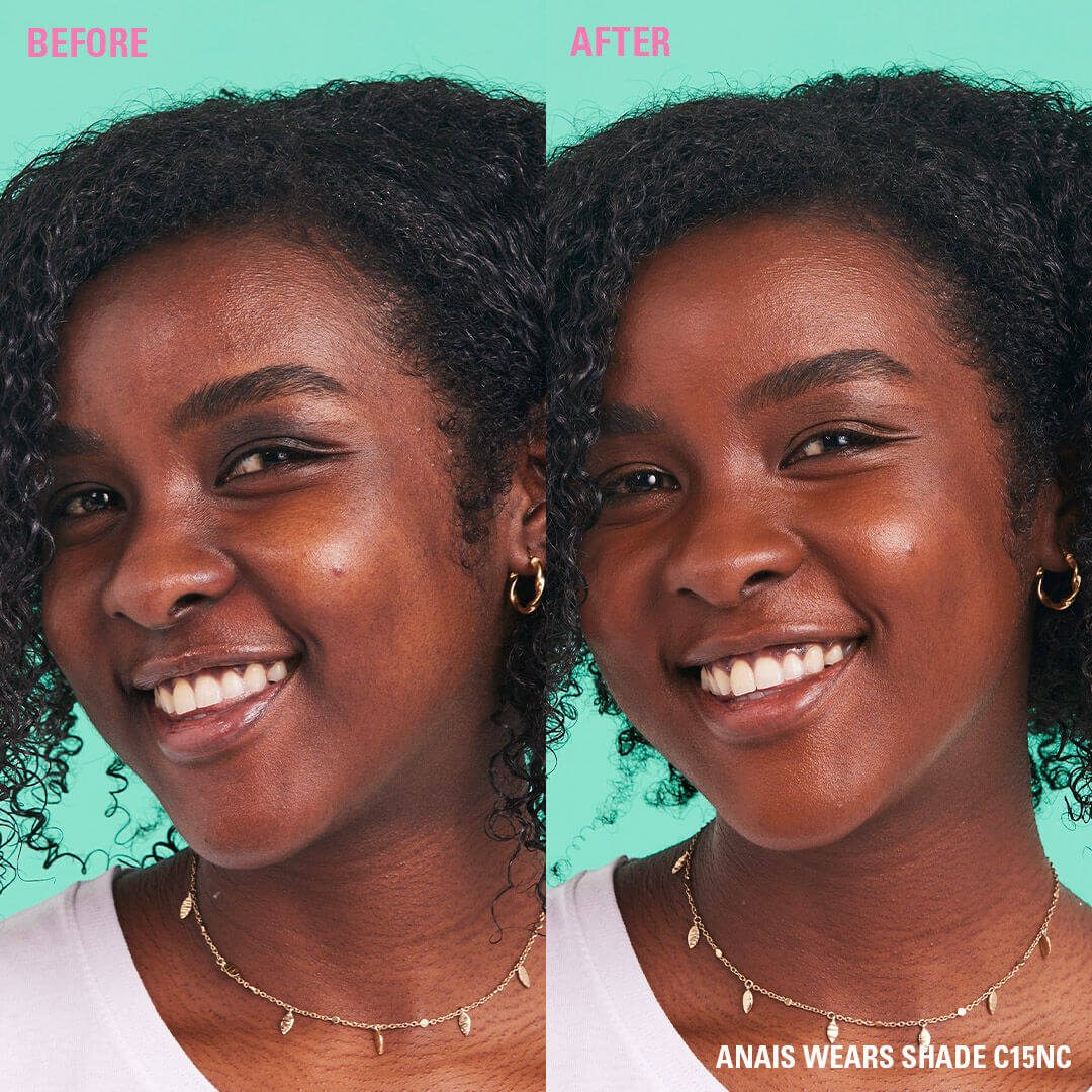 Before and after results showcasing Revolution Conceal and Define Full Coverage Concealer on model Anais wearing shade C15NC.