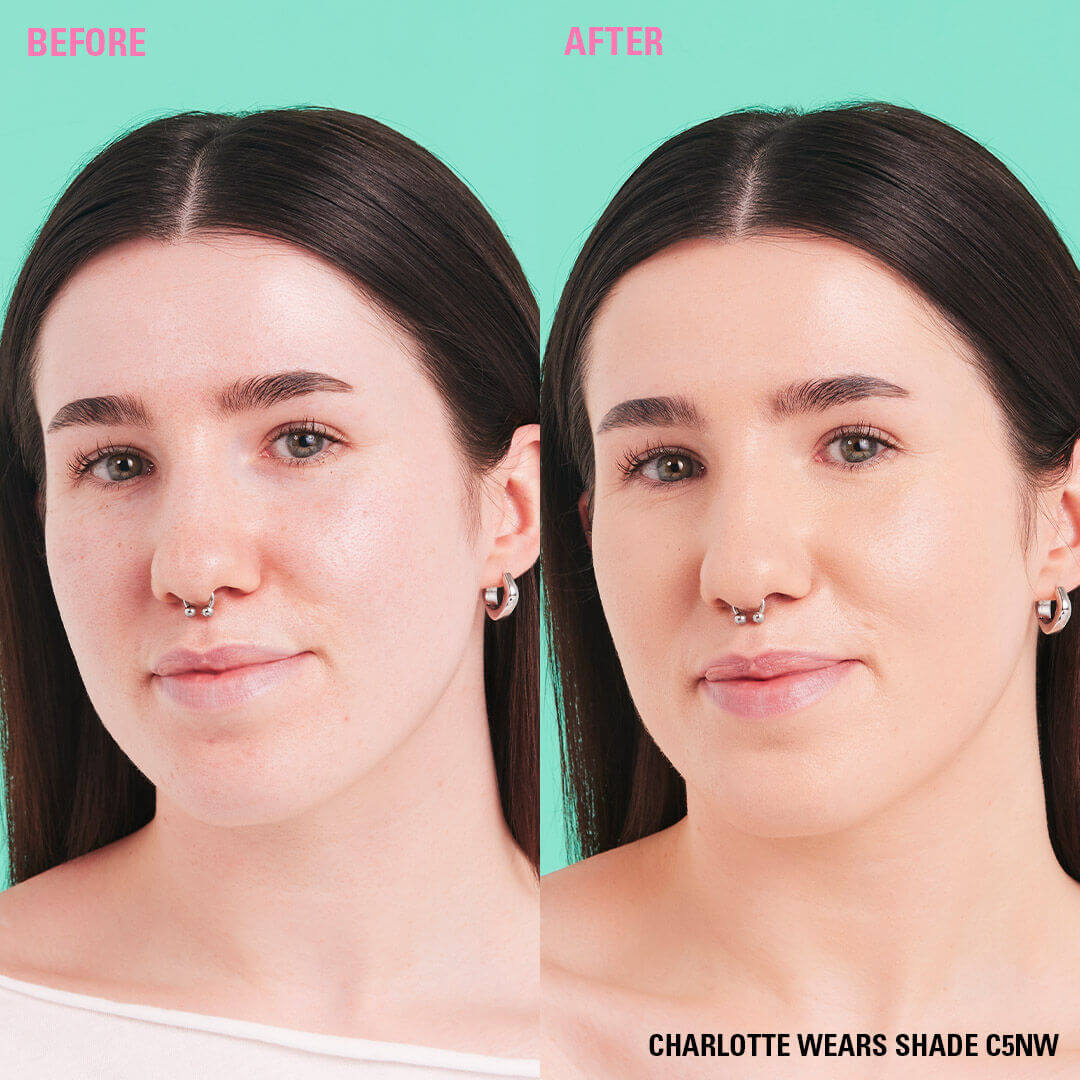 Before and after photo showcasing Revolution Conceal and Define Full Coverage Concealer on model wearing shade C5NW.