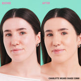 Before and after photo showcasing Revolution Conceal and Define Full Coverage Concealer on model wearing shade C5NW.