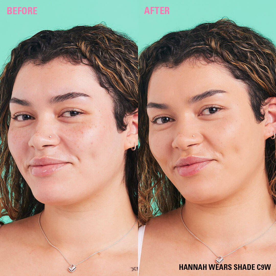 Before and after using Revolution Conceal and Define Full Coverage Concealer on model wearing shade C9W.