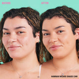 Before and after using Revolution Conceal and Define Full Coverage Concealer on model wearing shade C9W.