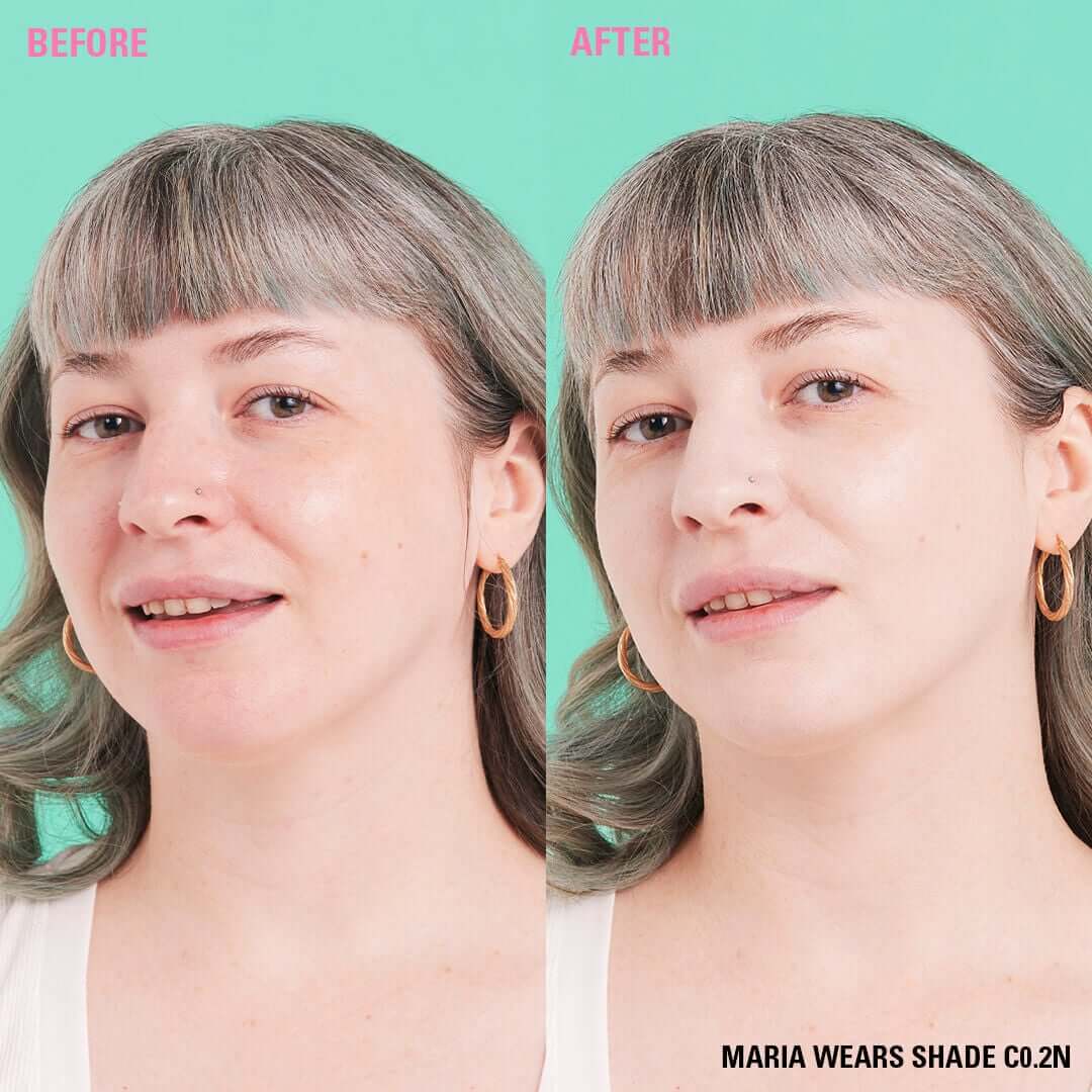 Before and after results using Revolution Conceal and Define Full Coverage Concealer, showing improvement in skin appearance.