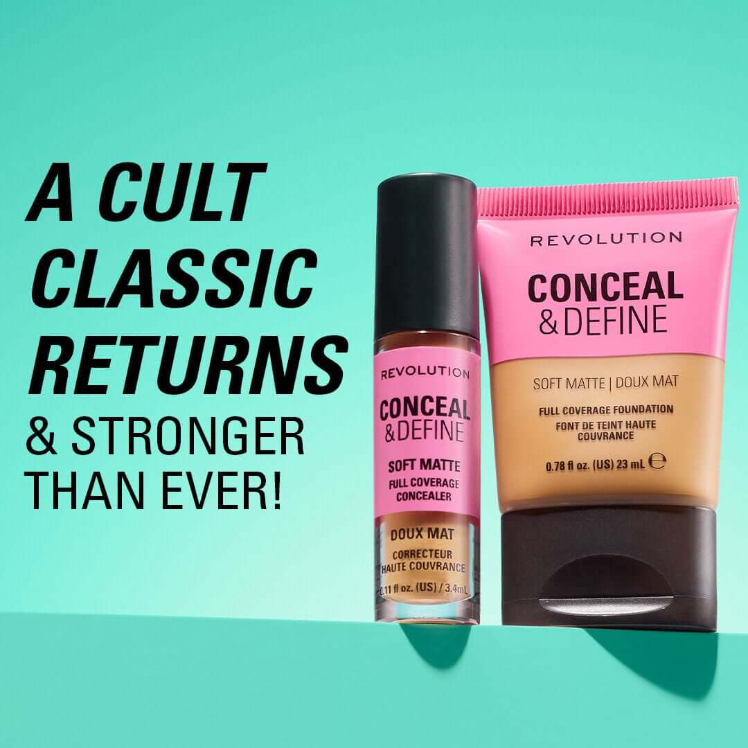 Revolution Conceal and Define Full Coverage Concealer in pink and brown packaging, highlighting its soft matte finish.