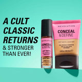 Revolution Conceal and Define Full Coverage Concealer in pink and brown packaging, highlighting its soft matte finish.