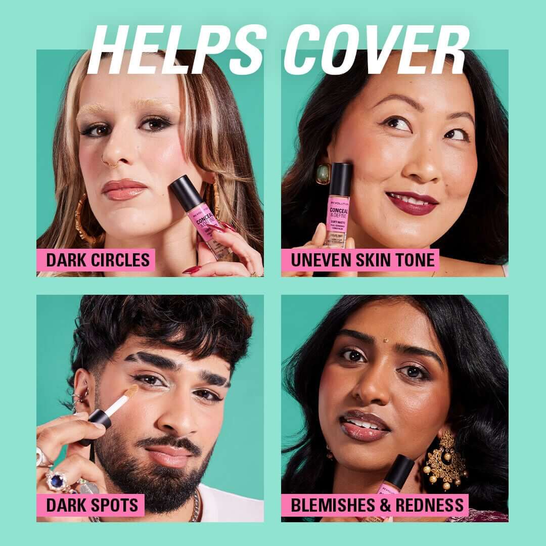 Revolution Conceal and Define Full Coverage Concealer image showcasing diverse models helping cover dark circles, uneven skin tone, dark spots, and blemishes.