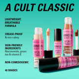 Revolution Conceal and Define Full Coverage Concealer displayed with details on its lightweight formula and 40 shades.