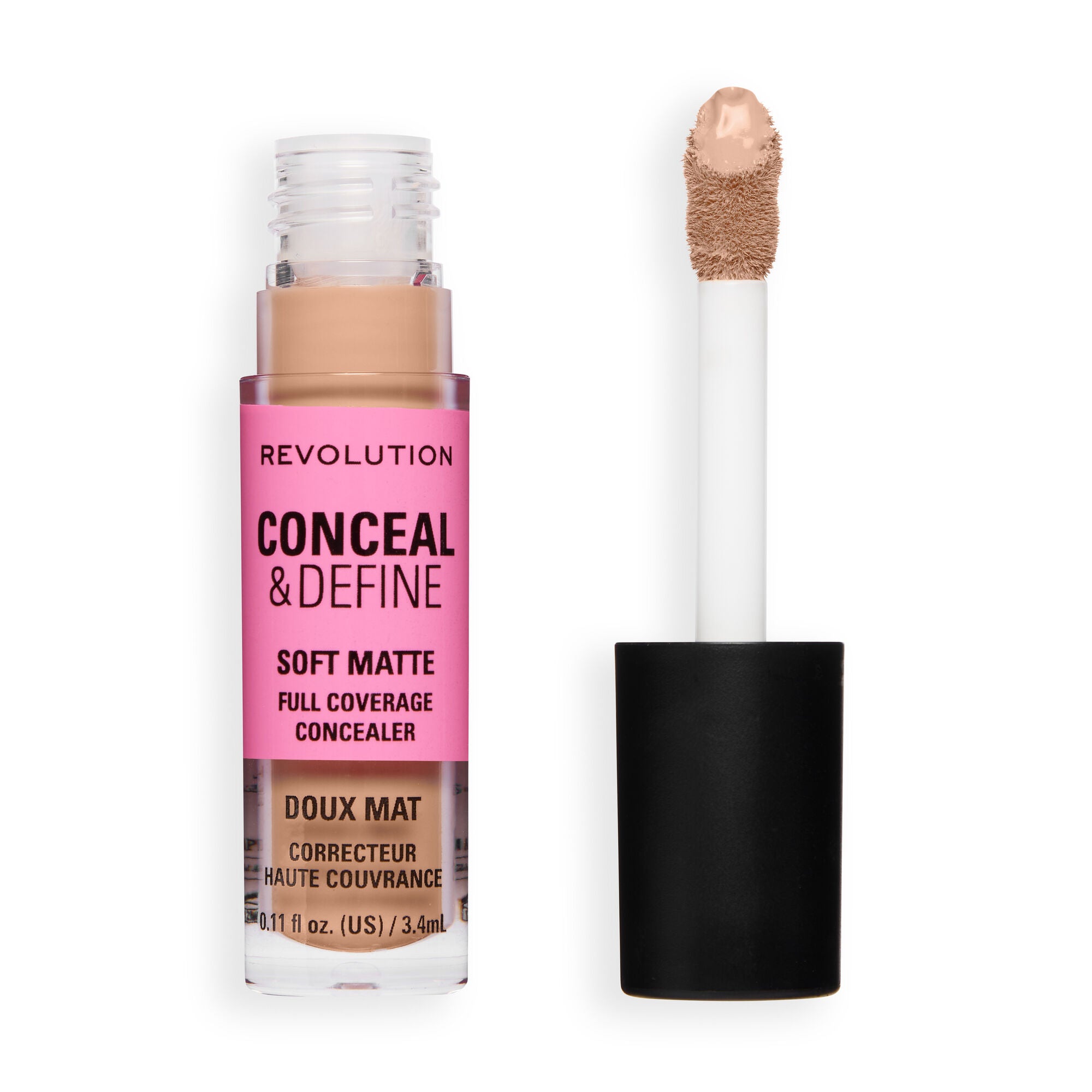 Revolution Conceal and Define Full Coverage Concealer in a bottle with applicator for flawless skin.